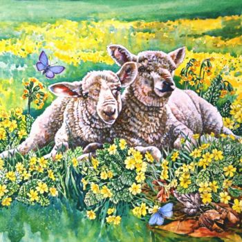 Картина под названием "Spring Lambs" - Zoe Norman, Подлинное произведение искусства, Акварель