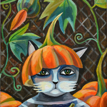 Malarstwo zatytułowany „Pumpkin Cat” autorstwa Zora, Oryginalna praca, Olej Zamontowany na Drewniana rama noszy