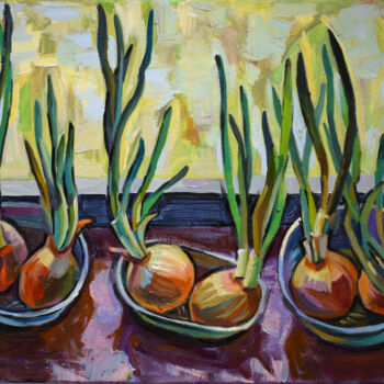 Painting titled "green onion," by Zora, Original Artwork, Oil Mounted on Wood Stretcher frame