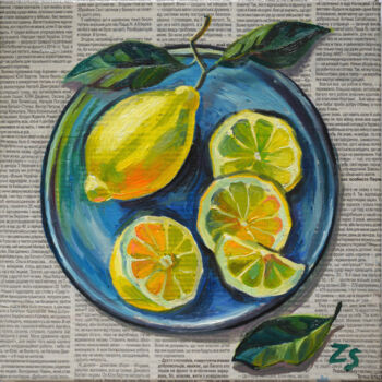 Painting titled "Lemons" by Zora, Original Artwork, Oil Mounted on Wood Stretcher frame