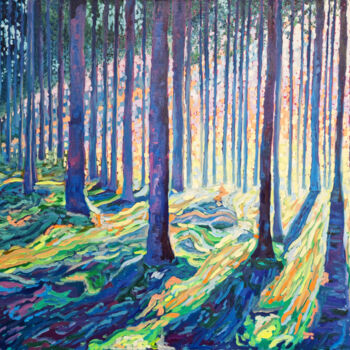Pittura intitolato "Forest Sunrise" da Zulfiya Mukhamadeyeva, Opera d'arte originale, Olio Montato su Telaio per barella in…
