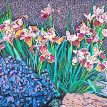 Painting titled "Copper Irises" by Zulfiya Mukhamadeyeva, Original Artwork, Oil Mounted on Wood Stretcher frame
