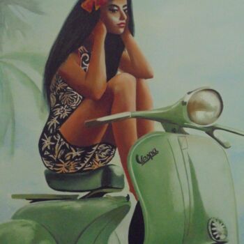 Painting titled "ALONE ON MY VESPA" by Liubov Aristova, Original Artwork, Oil