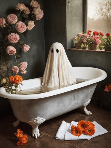 Digitale Kunst mit dem Titel "Ghost in bathtub pa…" von 1xmerch, Original-Kunstwerk, KI-generiertes Bild