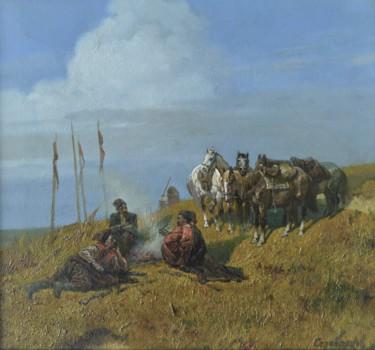 Peinture intitulée "Halt. Cossack era." par Andrey Serebryakov, Œuvre d'art originale, Huile