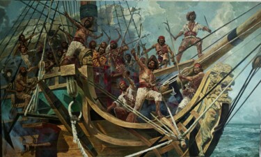 Peinture intitulée "Pirate boarding" par Andrey Serebryakov, Œuvre d'art originale, Huile