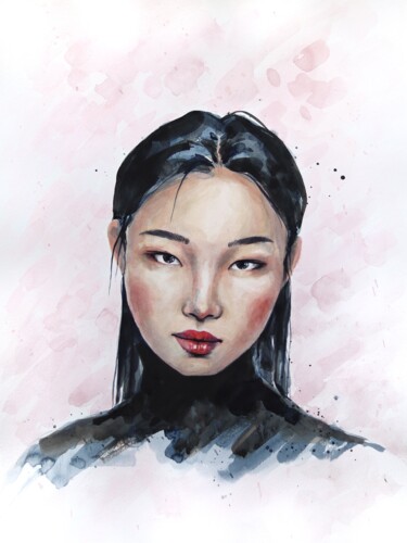 Painting titled "Pink girl" by Marina Ogai, Original Artwork, Watercolor