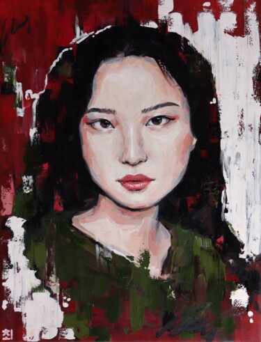Painting titled "Asian woman in gree…" by Marina Ogai, Original Artwork, Oil