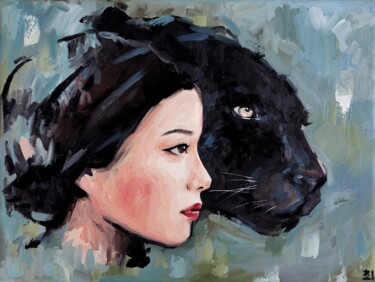 Painting titled "Asian woman with bl…" by Marina Ogai, Original Artwork, Oil