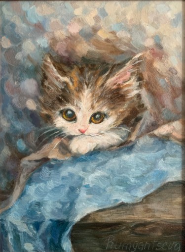 Painting titled "Kitty / Котёнок" by Svetlana Rumyantseva Svetlana Rumiantseva, Original Artwork, Oil Mounted on Other rigid…