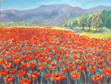 Schilderij getiteld "Field of poppy" door Arina Khlebnikova, Origineel Kunstwerk, Tempera