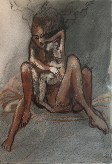 Dessin intitulée "Elle et elle" par Alain Godefroid, Œuvre d'art originale, Aquarelle