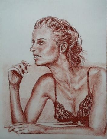 Drawing titled "jeune femme accoudée" by Aantz, Original Artwork
