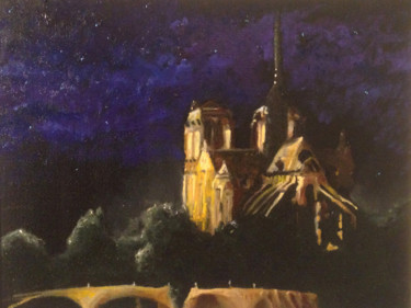 Malarstwo zatytułowany „Notre Dame at Night” autorstwa Larry Aarons, Oryginalna praca, Olej Zamontowany na Inny sztywny panel