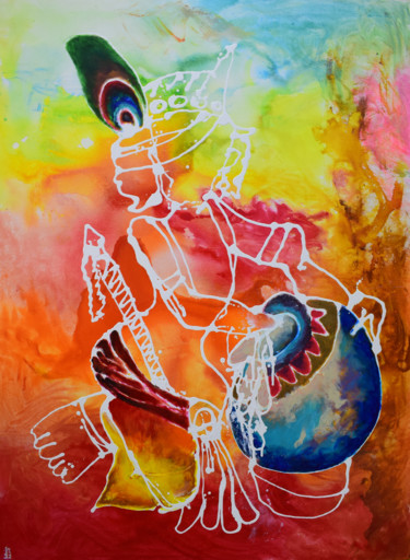 Painting titled "Makhan Chor" by Aatmica Ojha, Original Artwork, Acrylic