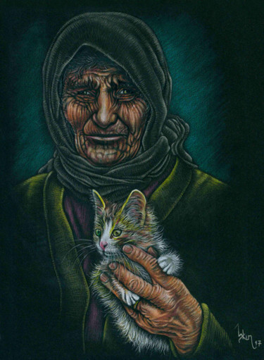 Рисунок под названием "Woman and cat" - Askin Ayrancioglu, Подлинное произведение искусства, Карандаш