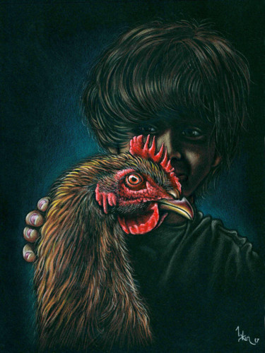 Drawing titled "Girl and rooster" by Askin Ayrancioglu, Original Artwork, Pencil