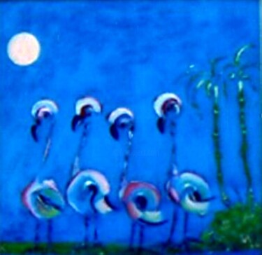 Painting titled "Les Flamants roses," by Abdellouahab Selka, Original Artwork, Oil
