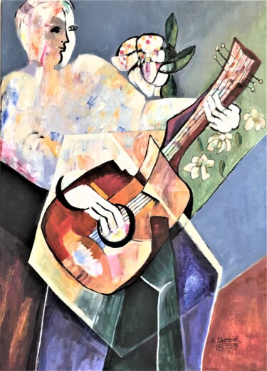 Pintura intitulada "Man and Guitar" por Abdelrahman Shamieh, Obras de arte originais, Acrílico