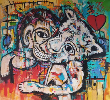 Schilderij getiteld "Man with the Monkey…" door Abdoulie Conteh, Origineel Kunstwerk, Acryl