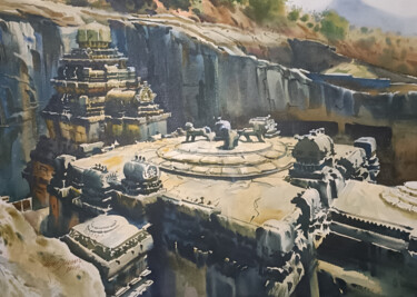 Painting titled "KAILASH TEMPLE ELLO…" by Abhijit Jadhav, Original Artwork, Watercolor