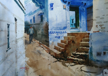 Schilderij getiteld "RAJASTHANI BLUE HOM…" door Abhijit Jadhav, Origineel Kunstwerk, Aquarel