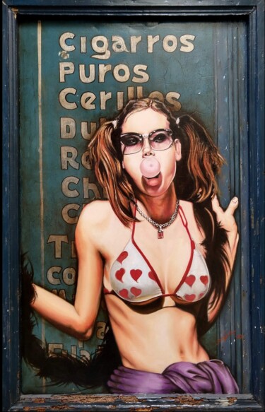Painting titled ""La Gringa"" by Abraham Galicia, Original Artwork, Oil Mounted on Wood Stretcher frame