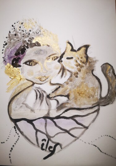 Peinture intitulée "Petit Chaton" par Abricodéal Îles, Œuvre d'art originale, Encre