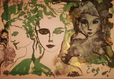 Drawing titled "Les 3 fées" by Abricodéal Îles, Original Artwork, Ink Mounted on Cardboard