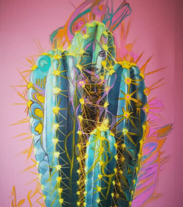 Ζωγραφική με τίτλο "Lady Cactus" από Abricodéal Îles, Αυθεντικά έργα τέχνης, Ακρυλικό Τοποθετήθηκε στο Ξύλινο φορείο σκελετό