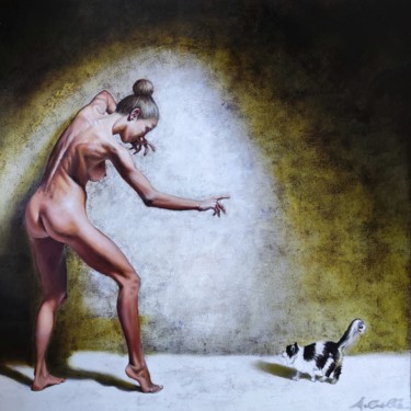 Painting titled "Magic cat" by Achille Chiarello, Original Artwork, Oil