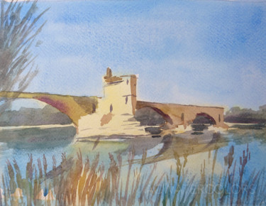 Картина под названием "Pont d'Avignon, Pro…" - Alain Crousse (ACWATERCOLORS), Подлинное произведение искусства, Акварель