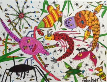 Desenho intitulada "Creatures & Floral" por Adam Kamhi, Obras de arte originais, Aquarela