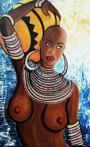 Schilderij getiteld "Femme -Massaï -kenya" door Adama Mangane, Origineel Kunstwerk