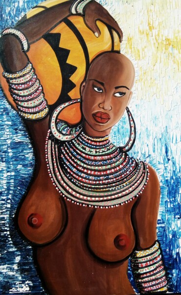 Pittura intitolato "Femme -Massaï -kenya" da Adama Mangane, Opera d'arte originale