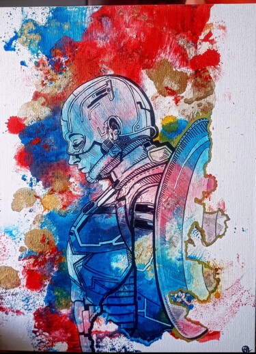 「Captain America」というタイトルの絵画 Adamantineによって, オリジナルのアートワーク, インク 段ボールにマウント