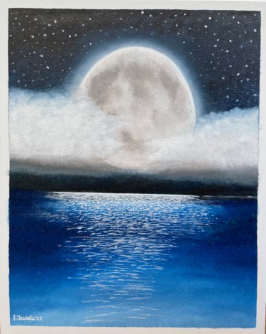 Pintura intitulada "The Moon and Sea" por Adela Izabela Ștefan, Obras de arte originais, Óleo