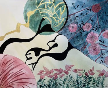 Картина под названием "Space Flowers" - Aline Demarais, Подлинное произведение искусства, Акварель