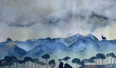 Pintura intitulada "Montagnes, les chem…" por Aline Demarais, Obras de arte originais, Aquarela
