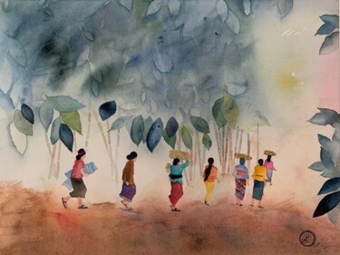 Malarstwo zatytułowany „Bali, la marche des…” autorstwa Aline Demarais, Oryginalna praca, Akwarela