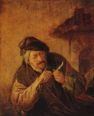 Schilderij getiteld "Vieil homme réparan…" door Adriaen Van Ostade, Origineel Kunstwerk, Olie