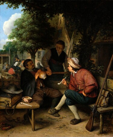 Schilderij getiteld "Voyageurs au repos" door Adriaen Van Ostade, Origineel Kunstwerk, Olie