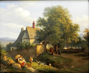 Malarstwo zatytułowany „L'église Sainte-Ann…” autorstwa Adrian Ludwig Richter, Oryginalna praca, Olej