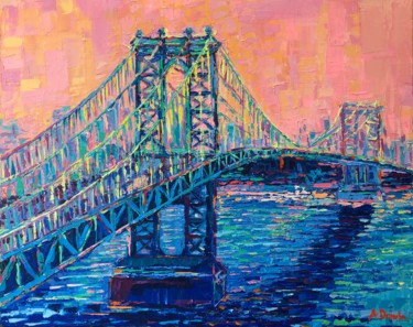 Painting titled "Manhattan Bridge at…" by Adriana Dziuba, Original Artwork, Acrylic