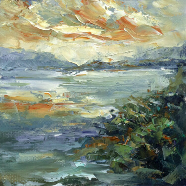Painting titled "Orange Sunset" by Adrienn Pécsek, Original Artwork, Oil