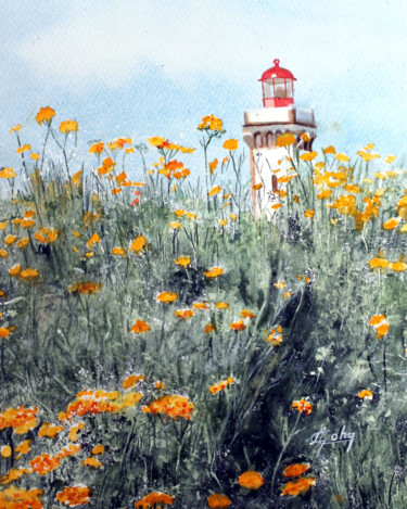 Painting titled "Le Phare des Poulai…" by Adyne Gohy, Original Artwork, Watercolor