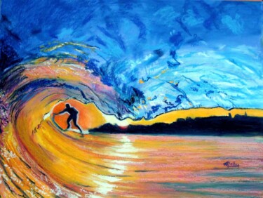 Painting titled "Surfer sur la vague" by Adyne Gohy, Original Artwork, Pastel