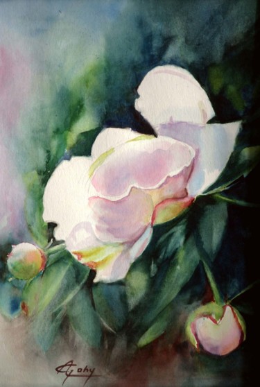 Painting titled "Boutons de pivoine" by Adyne Gohy, Original Artwork, Watercolor