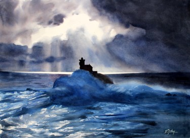 Schilderij getiteld "Le phare de Tévenne…" door Adyne Gohy, Origineel Kunstwerk, Aquarel