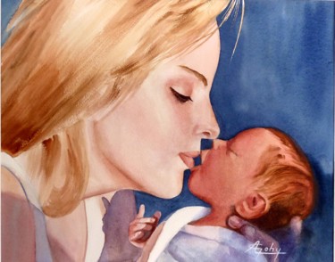 Pintura intitulada "Maternité" por Adyne Gohy, Obras de arte originais, Aquarela
